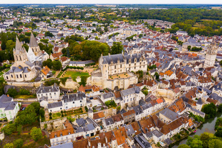 Scenic top view of the city Loches and the Royal castle Lochesの写真素材