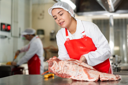 Woman seller demonstration quality porks in butcher supermarketの写真素材
