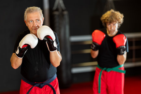 Senior man preparing for sparring in boxing glovesの写真素材