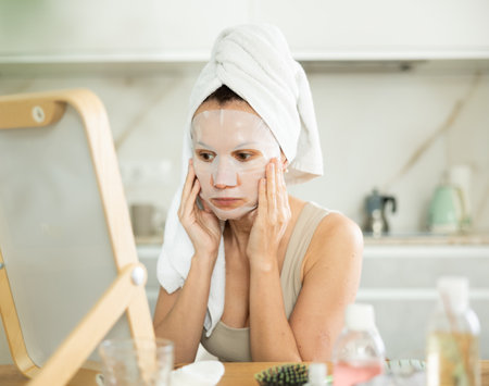 Middle-aged woman applying tissue mask on her facial skin sitting in front of the mirrorの写真素材