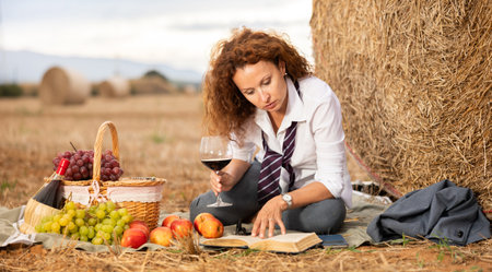 Woman in white blouse and suit spends time in field, settled down in nature with book and drinkの写真素材