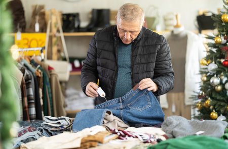 Attentive mature man choosing jeans pantaloons in clothing storeの写真素材