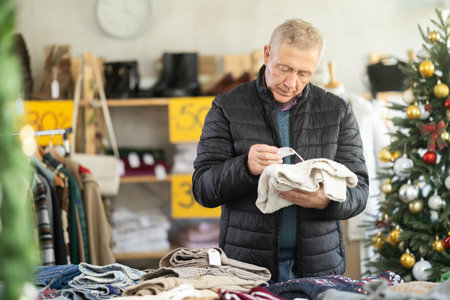 Attentive mature man choosing sweater in clothing storeの写真素材