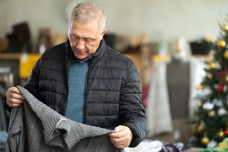 Mature man choosing a sweater at a Christmas saleの写真素材