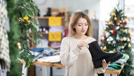 Young woman choosing platform bootsの写真素材