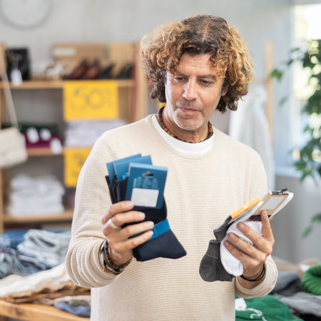 Man choosing cotton socks in the storeの写真素材