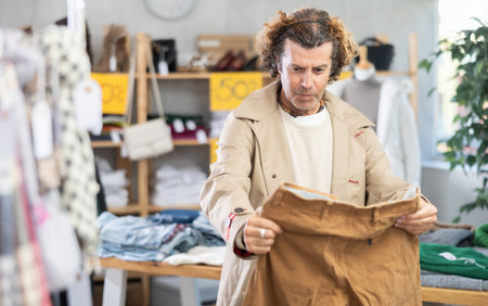 Adult man choosing brown pants on saleの写真素材