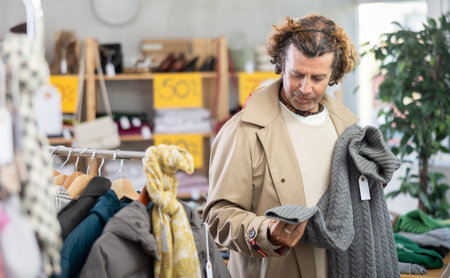 man stands near the counter with clothes and chooses a sweaterの写真素材