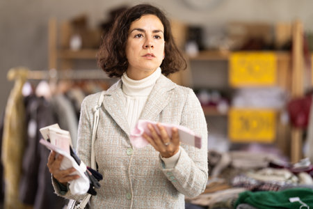 Latin American woman search and choose socks in shopの写真素材