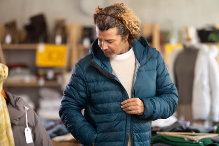 Man trying on a down jacket in a store