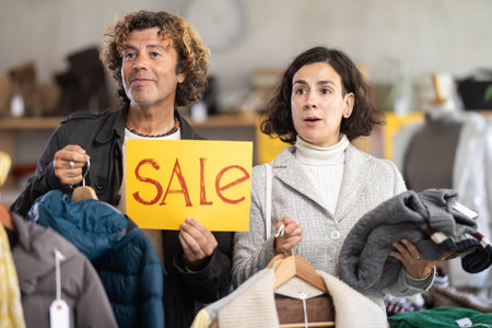 Couple on sale in a store with a posterの写真素材
