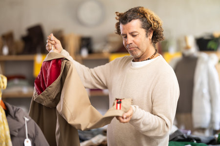 man chooses a beige trench coatの写真素材