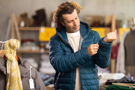 Man trying on a down jacket in a storeの写真素材