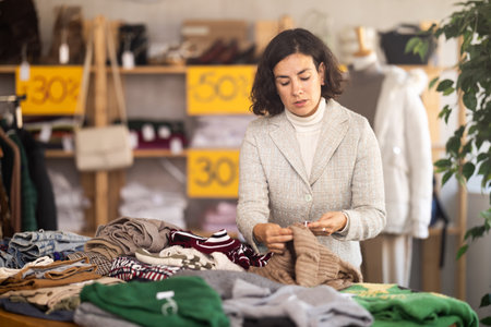 Latin American woman search and choose knitted jumper in shopの写真素材