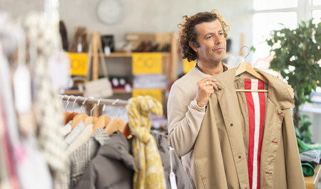 man chooses a beige trench coat