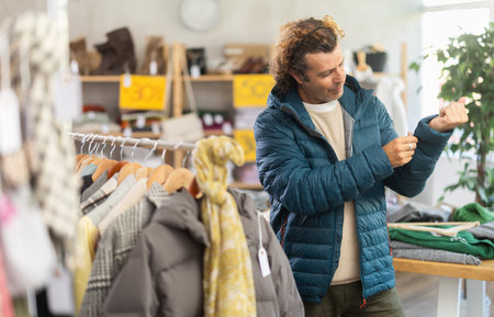 Stylish man standing in clothing shop and trying new down jacketの写真素材