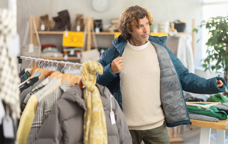 Stylish man standing in clothing shop and trying new down jacketの写真素材