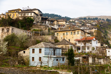 Aged buildings of Albanian old town Gjirokasterの写真素材