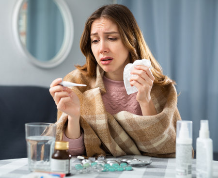Woman with fever symptoms sitting at homeの写真素材