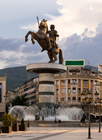 Statue of Alexander Great on horseback in Skopje main squareの写真素材