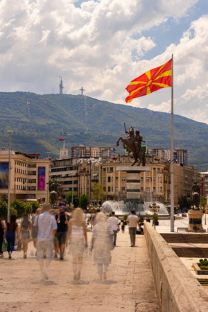Summer view of central square of Skopje with strolling peopleの写真素材