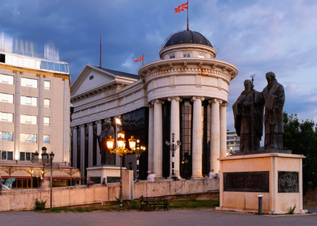 Archaeological Museum of Macedonia with evening lights and statueの写真素材