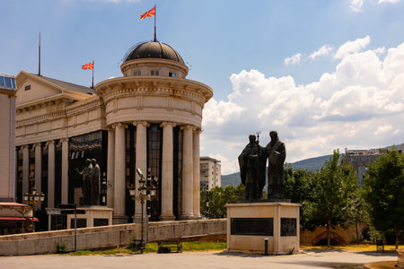 Skopje cityscape with Archaeological Museum and Cyril and Methodius Monumentの写真素材