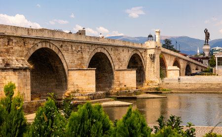 Stone Bridge across Vardar River in Skopje, North Macedoniaの写真素材