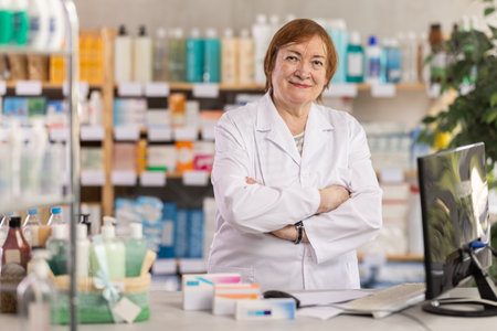 Professional elderly female pharmacist searches for information about medicines on Internetの写真素材