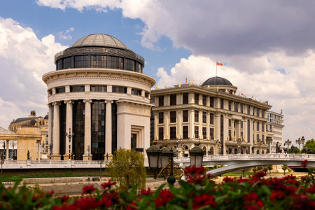 Government buildings and bridge over Vardar river in Skopjeの写真素材