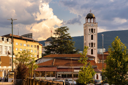 Old Bazaar district in Skopje, North Macedonia, with bell towerの写真素材