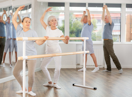 Two mature women practicing plie position during ballet classesの写真素材