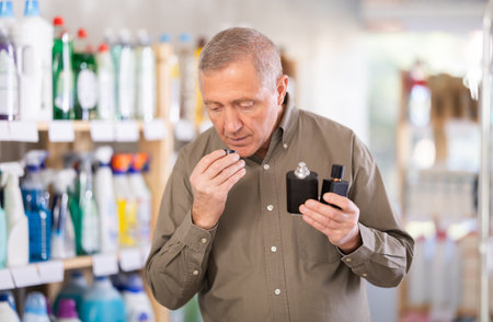 man chooses a perfume in a storeの写真素材