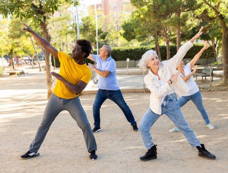 A group of multiracial mature adult people doing outdoor workout in a parkの写真素材