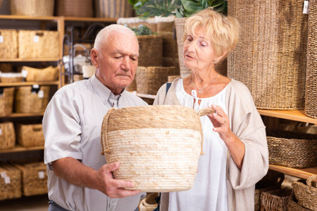 Mature pensioners standing with storage baskets in storeの写真素材