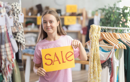Teen girl holding sale sign in clothing storeの写真素材