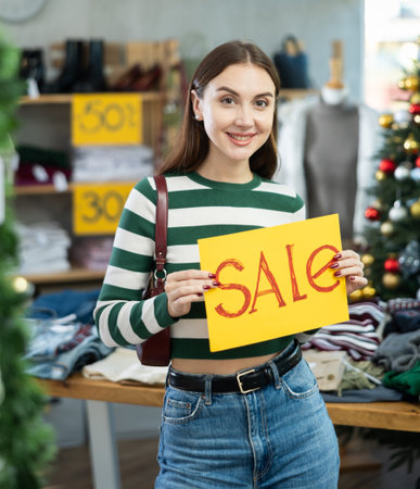 Young woman holding sale sign in clothing storeの写真素材