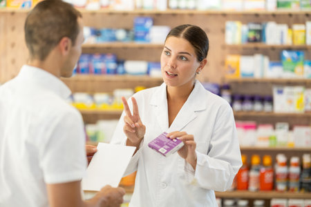 Man client with prescription should contact girl pharmacist for help, takes box remedyの写真素材