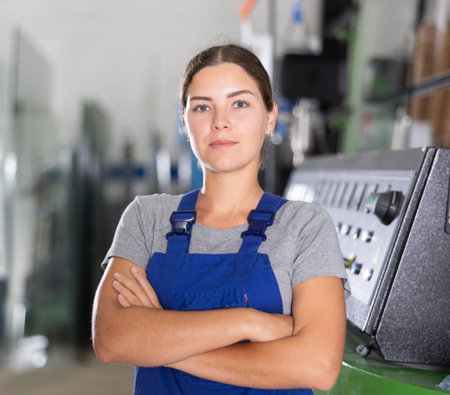 Smiling female worker standing beside production line in glass factoryの写真素材