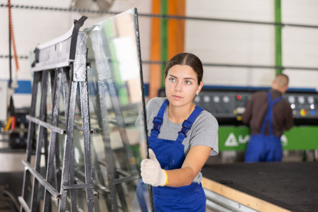 Female worker placing glass on A-frame rack in processing workshop