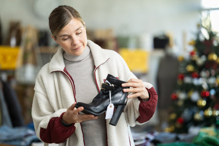 Adult woman chooses heeled ankle boots in storeの写真素材
