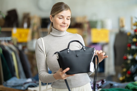 Positive young woman choosing handbag in clothing storeの写真素材