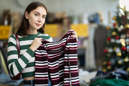 Woman standing in sale area and choosing a sweaterの写真素材