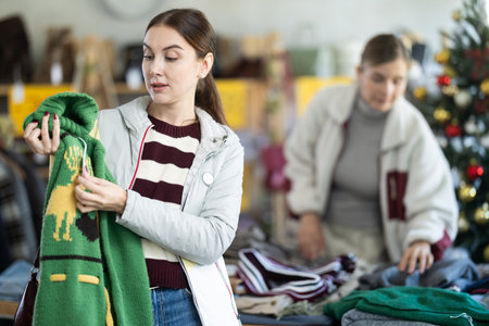 Woman choosing a reindeer sweater for Christmas and New Yearの写真素材