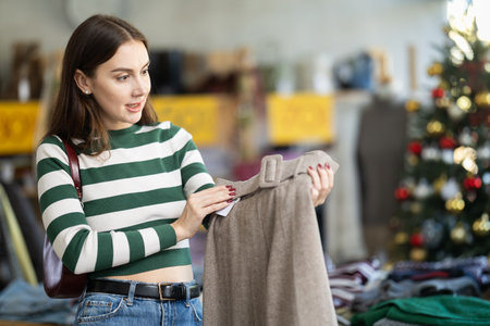 Young woman choosing trousers in clothing storeの写真素材