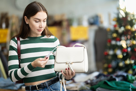 Surprised young woman choosing handbag in clothing storeの写真素材