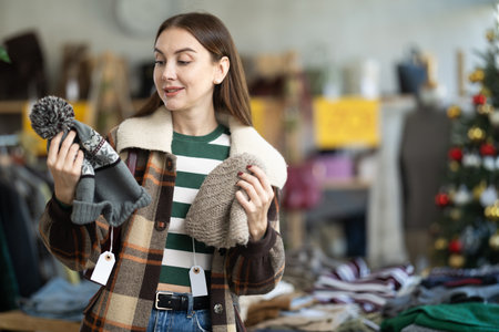 adult woman chooses hats in a store against the background of a Christmas treeの写真素材
