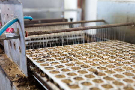 Greenhouse facilities. Automatic conveyor for planting seeds in greenhouseの写真素材