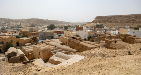 View from top of hill to Berber Muslim village of Ghomrassen, Tataouineの写真素材