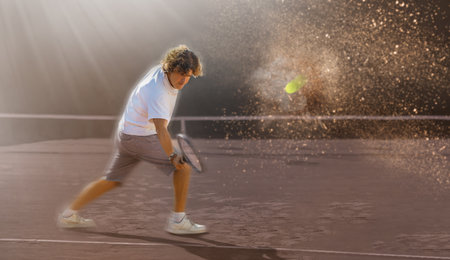 Man playing tennis in courtの写真素材